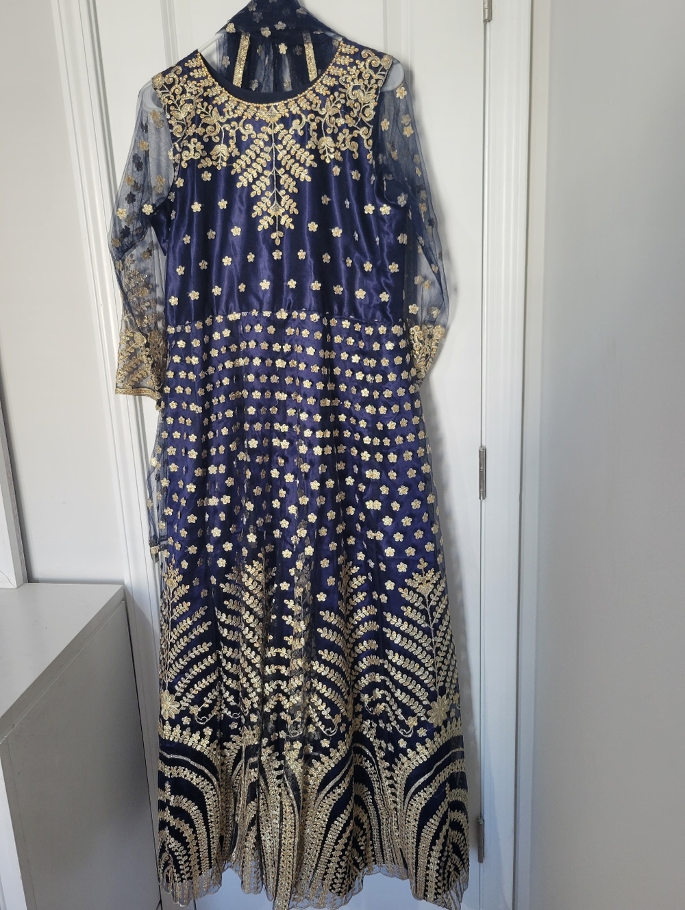 Pakistani Indian Dress - Navy Blue & Gold Embroidered Formal Gown
